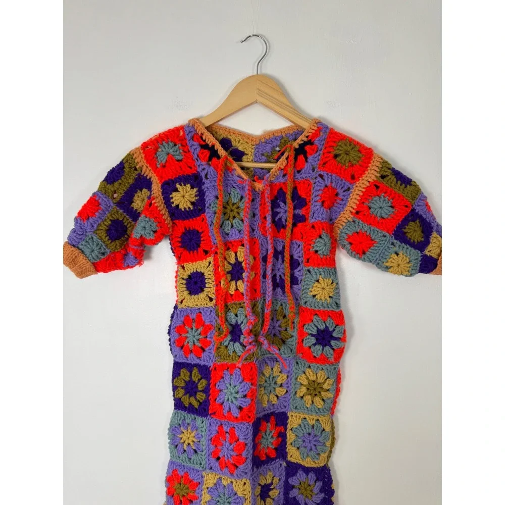 Boho Handmade Women XS/S Granny Square‎ Crochet Dress Multicolor Patchwork Retro